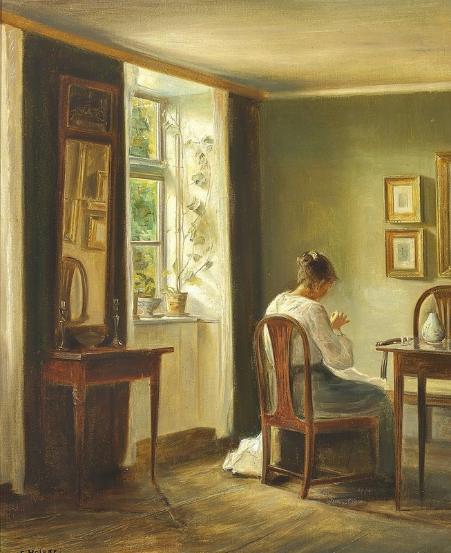 Carl Holsøe - Interiør med kvinde der syr ved vinduet