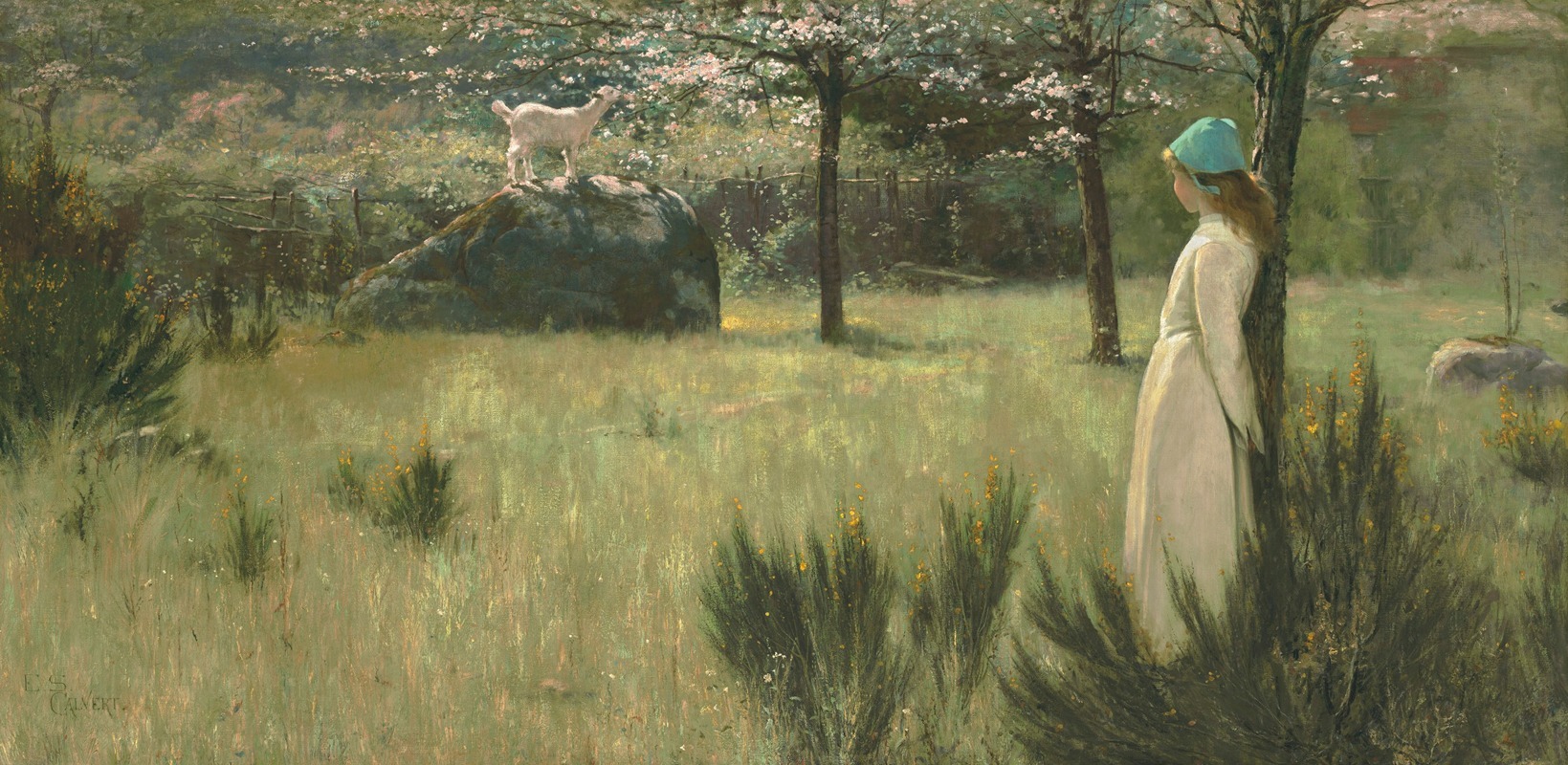 Edwin Sherwood Calvert - The young shepherdess and her goat in a springtime pasture