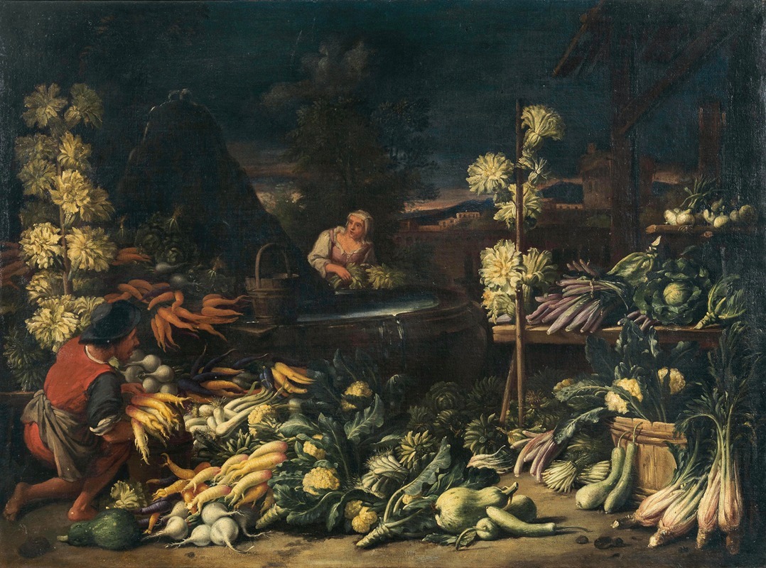 Francesco della Questa - Fruit sellers by a fountain with vegetables and flowers