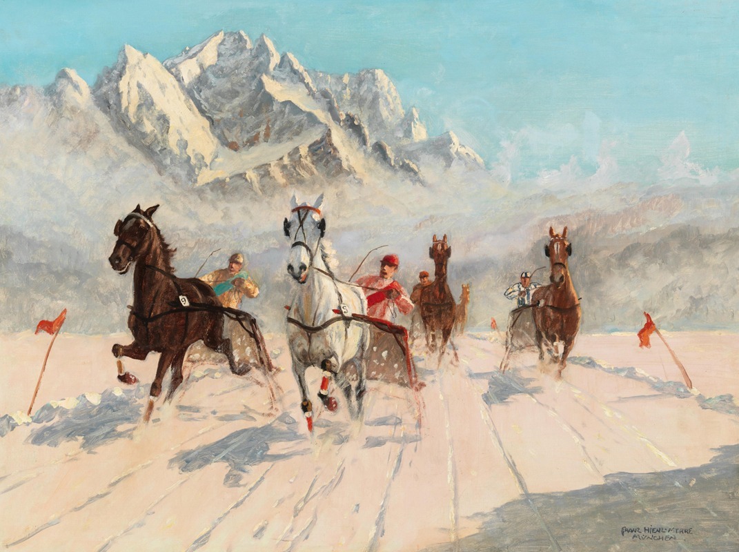 Franz Hienl-Merre - A Trotting Race on the Eibsee with the Zugspitze in the Background