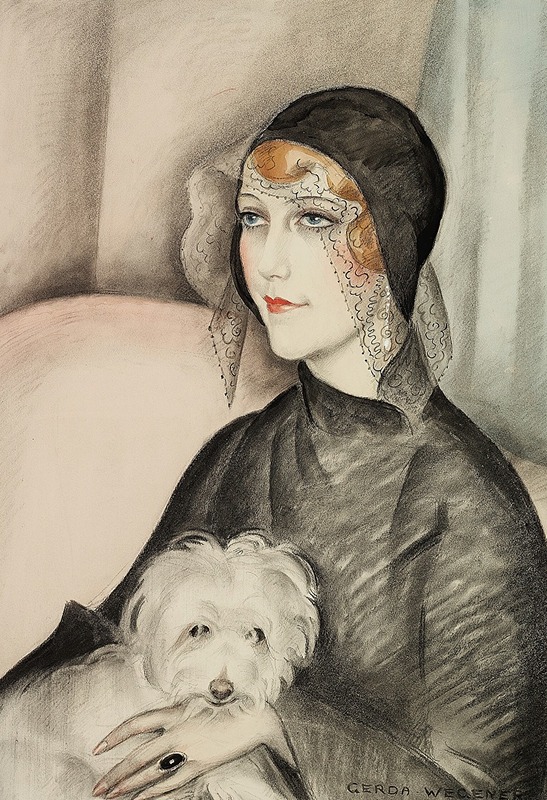 Gerda Wegener - Ung dame med sort klokkehat og lille hvid skødehund