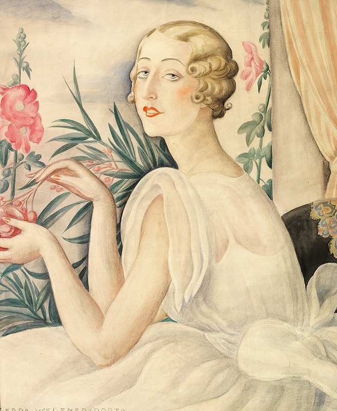 Gerda Wegener - Kvinde i hvid kjole siddende ved vindueskarm