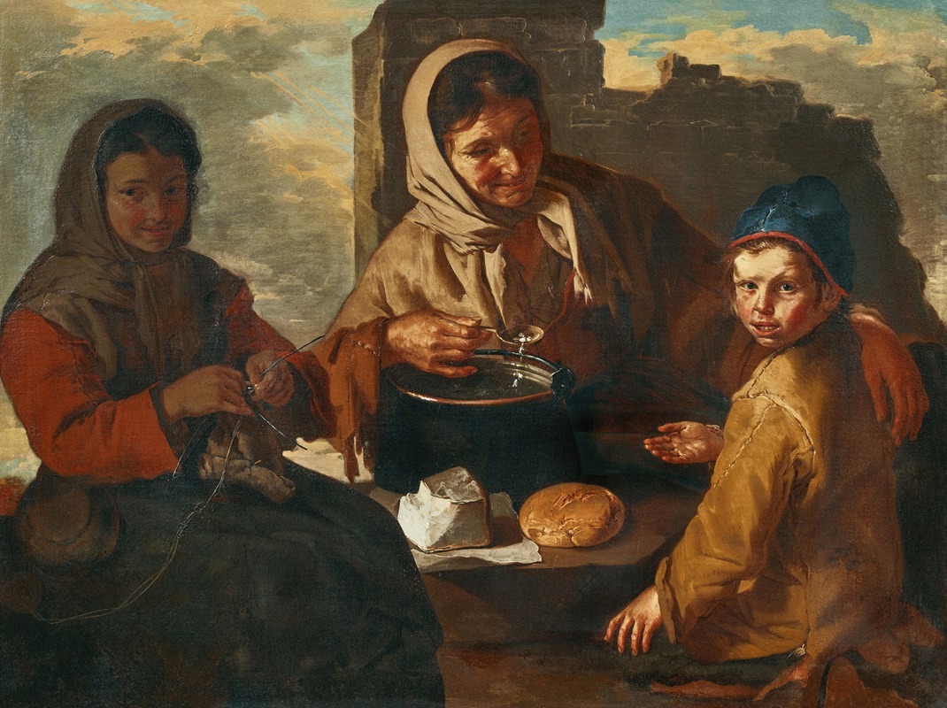 Giacomo Francesco Cipper - A girl knitting and a woman feeding a child