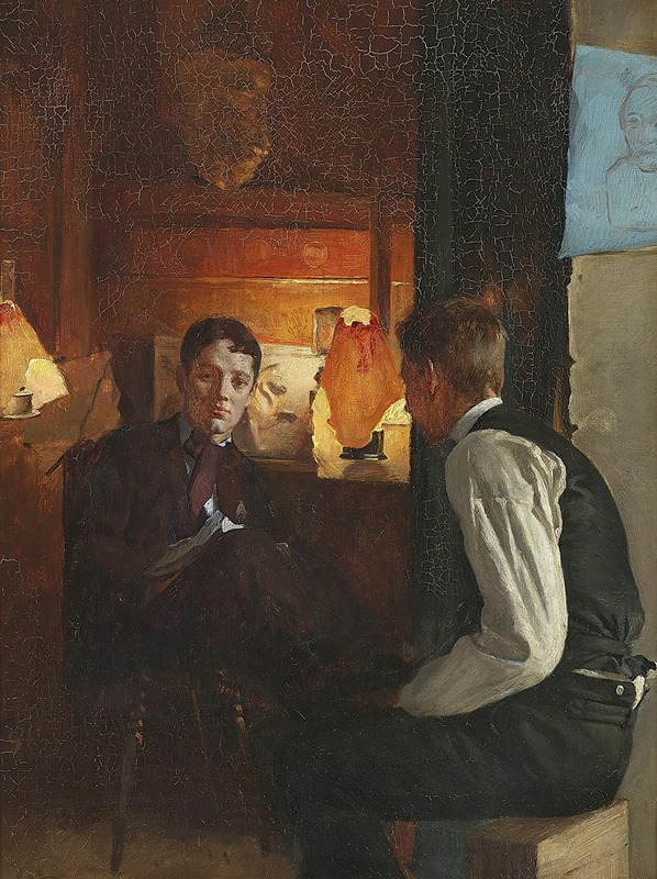 Gustav Vermehren - Interiør med to unge mænd, lampelys