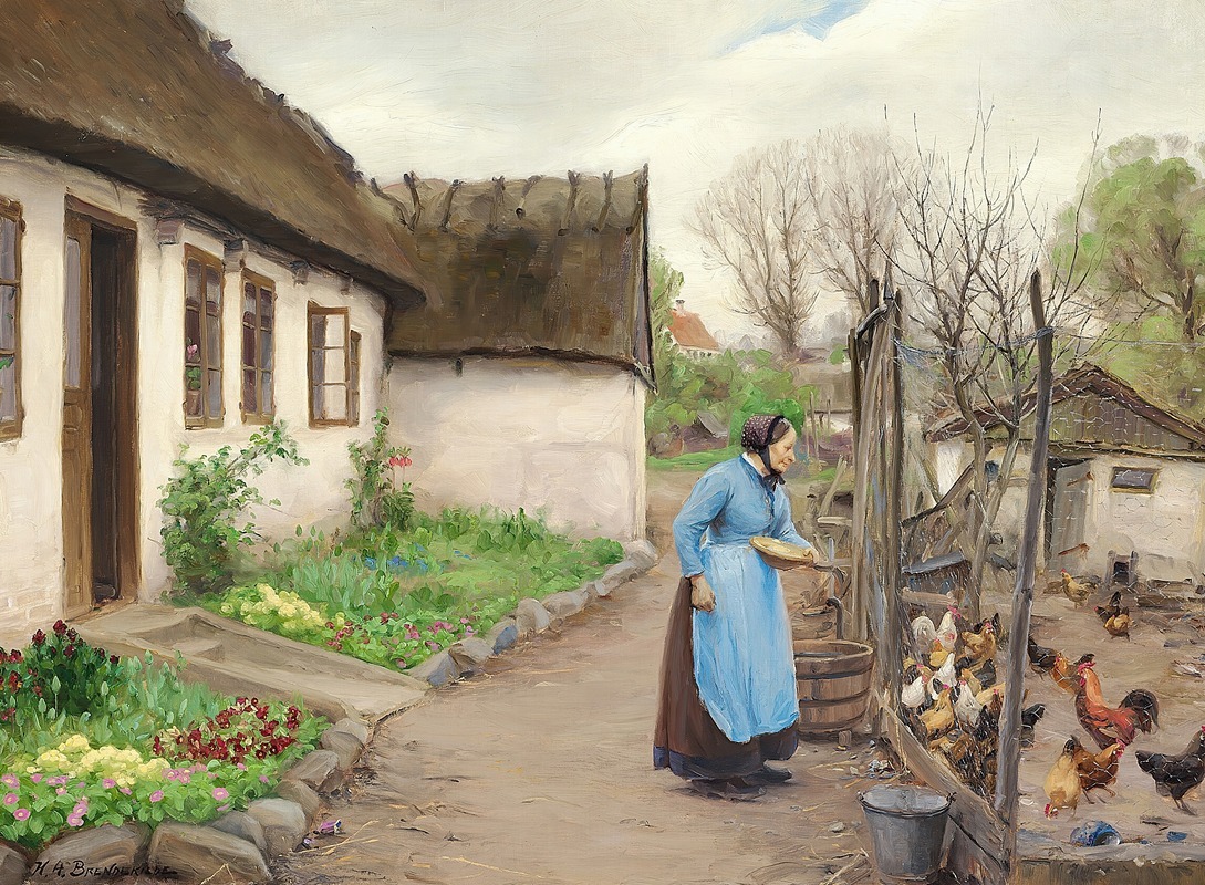 Hans Andersen Brendekilde - Kone, der fodrer høns foran et hvidkalket bondehus en efterårsdag