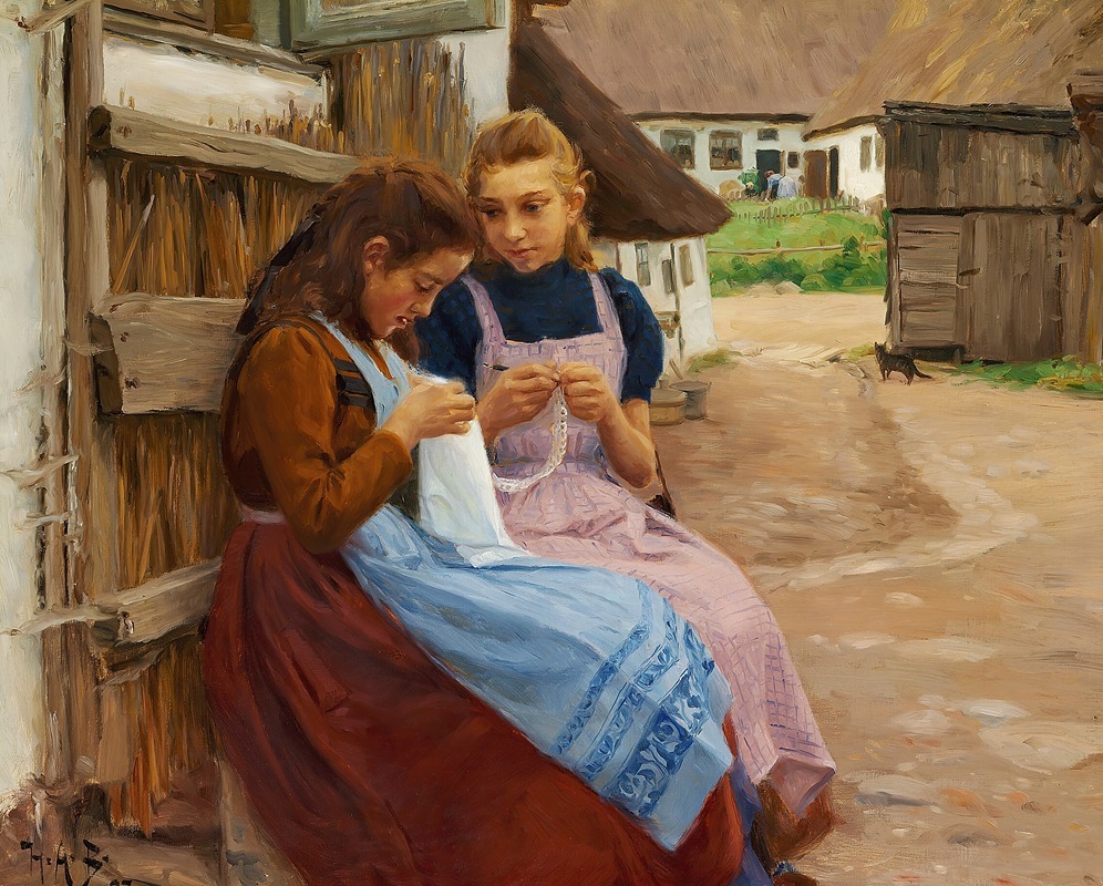 Hans Andersen Brendekilde - To piger med håndarbejde siddende på en gårdsplads