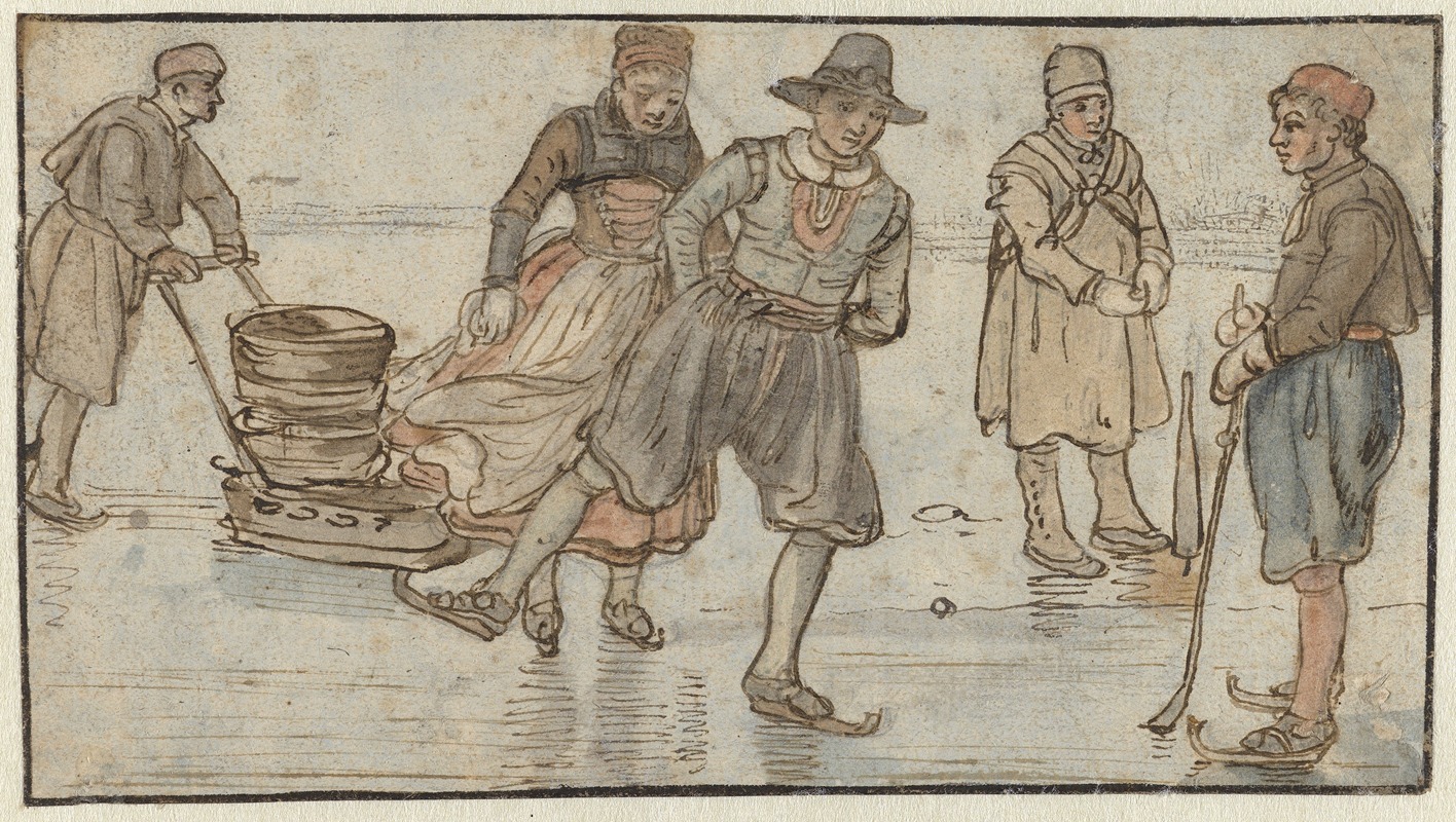 Hendrick Avercamp - Skaters on the Ice, a Man Pushing a Sledge and a Kolf-player