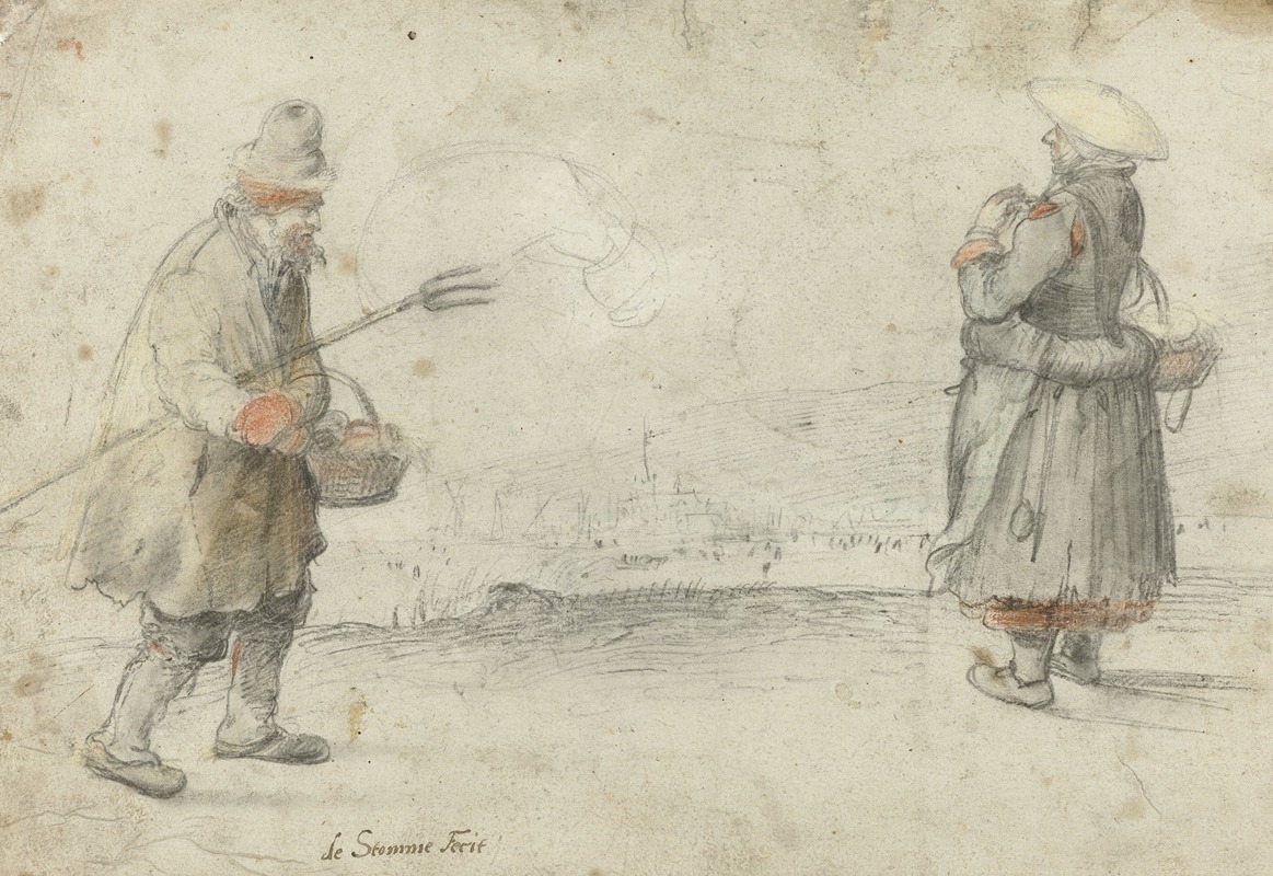 Hendrick Avercamp - Studies of a Man and a Woman Standing on the Bank of a Frozen River, with a Town in the Distance