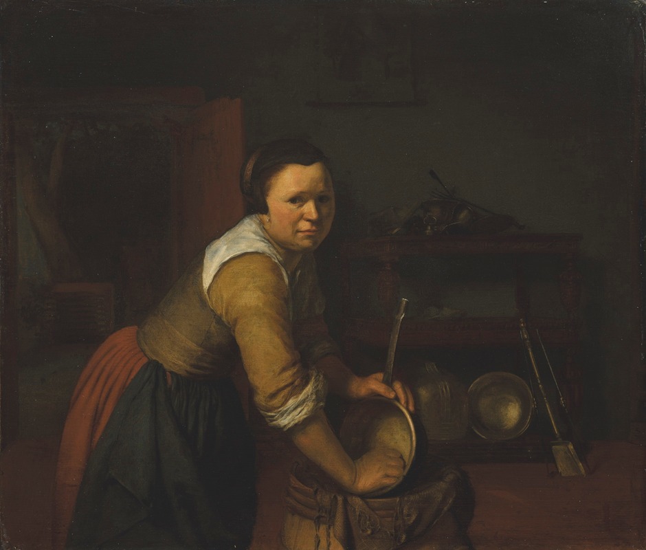 Heyman Dullaert - A maid washing pans in a kitchen