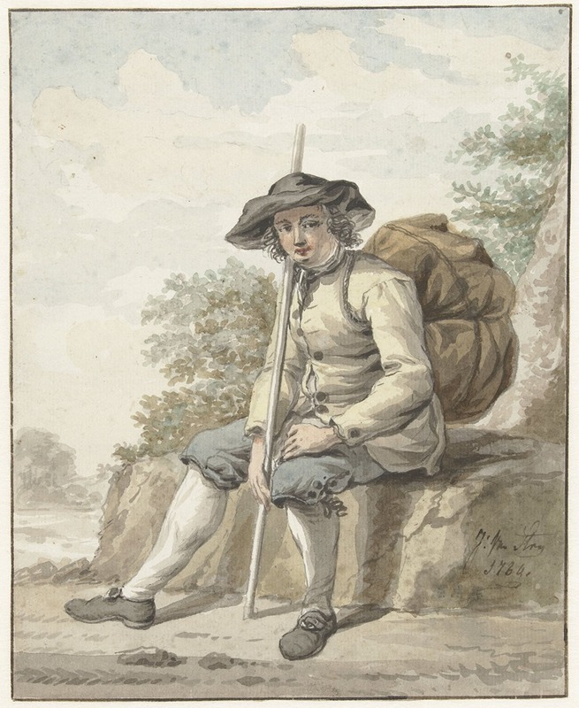 Jacob van Strij - Zittende man met een knapzak en een stok