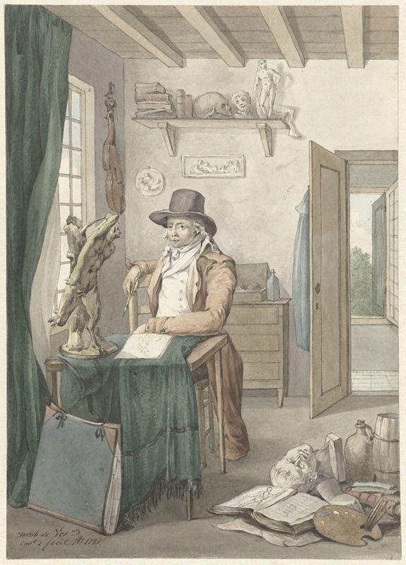 Jacob Willemz. de Vos - Portret van de kunstenaar Jacob Smies in een atelier met kunstvoorwerpen