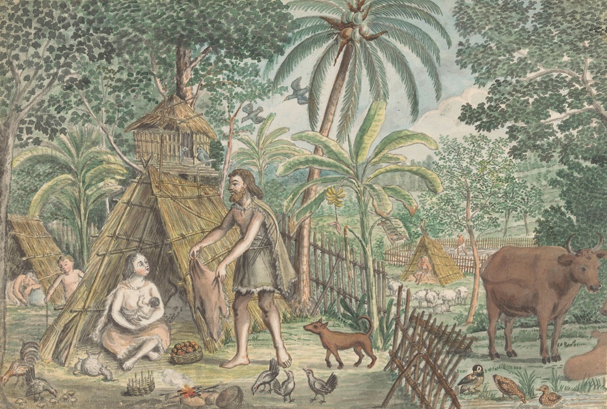 Jan Brandes - Adam en Eva in een utopisch dorpstafereel