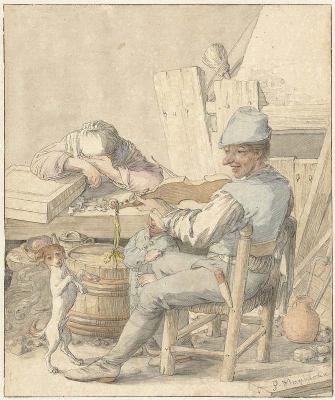 Pieter Moninckx - Interieur met vioolspelende man, slapende vrouw en dansende hond