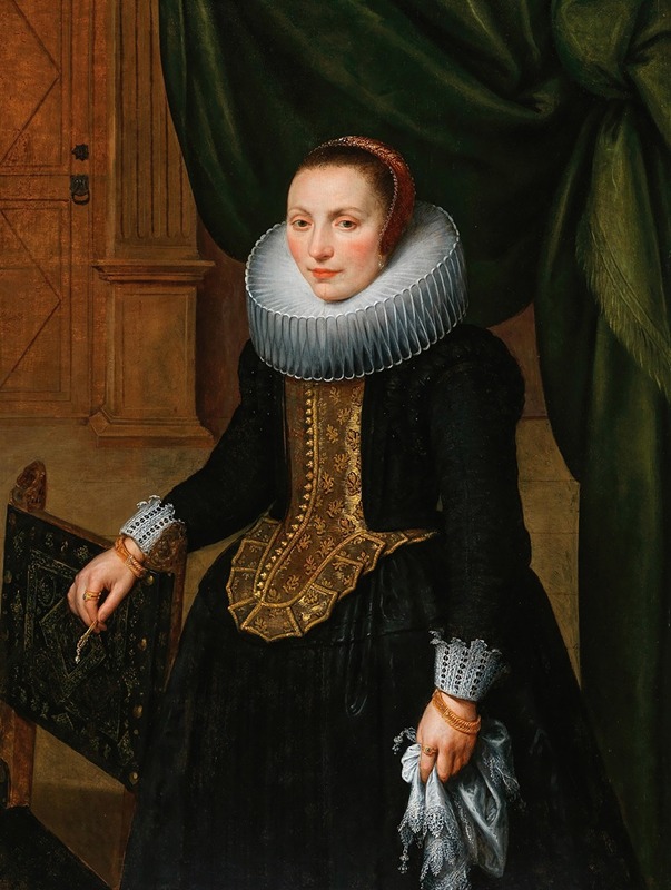 School Of Antwerp - Portrait of an elegant lady, standing by a chair