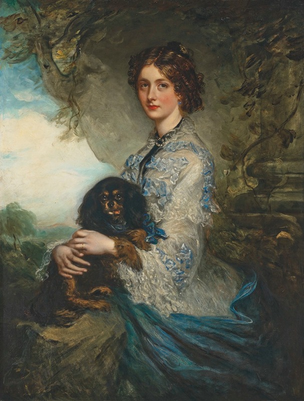 Sir Francis Grant - Portrait of Lady Alice Peel, holding a King Charles spaniel on her lap