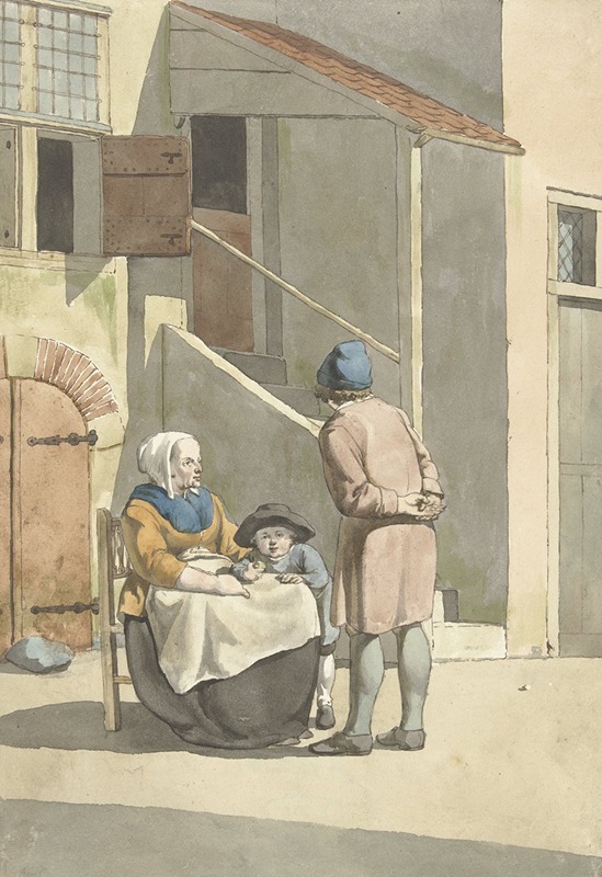 W. Barthautz - Jongen en vrouw met kind voor een huis