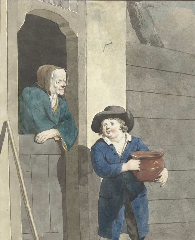 W. Barthautz - Jongen met een pot bij een vrouw leunend op een onderdeur