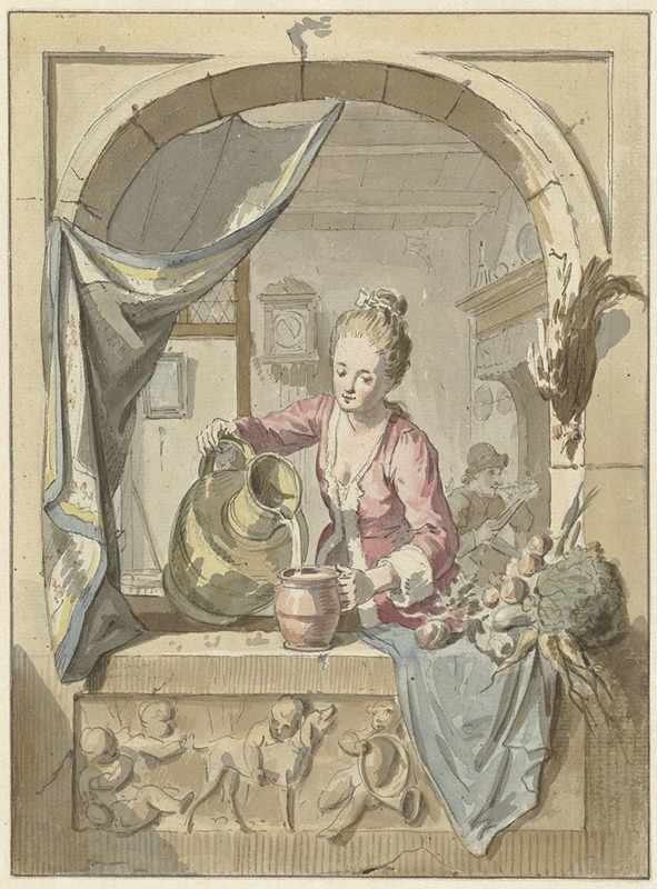 Willem Joseph Laquy - Vrouw schenkt melk uit een kan, in een venster