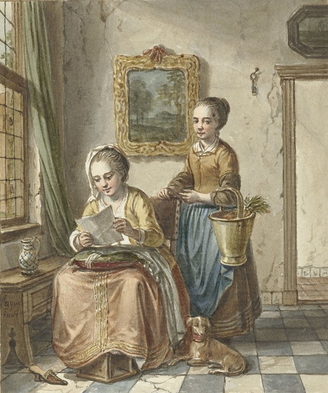 Willem Joseph Laquy - Zittende vrouw met dienstmeid, een brief lezend