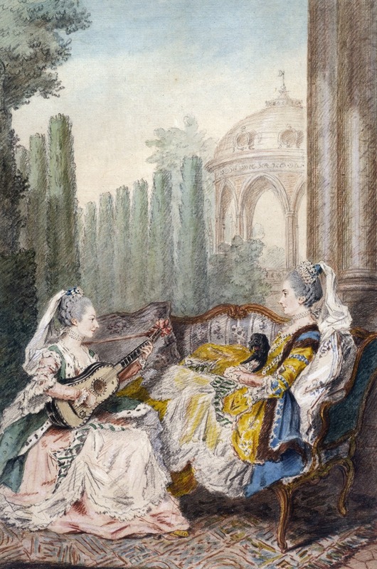 Louis Carrogis Carmontelle - Deux femmes dont l’une joue de la guitare, l’autre tenant un chien sur elle