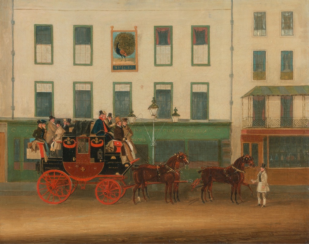 James Pollard - The London-Manchester Stage Coach, “the Peveril of the Peak,” outside the Peacock Inn, Islington
