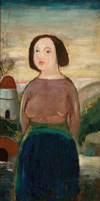 Tadeusz Makowski - Girl against the background of a landscape with a windmill