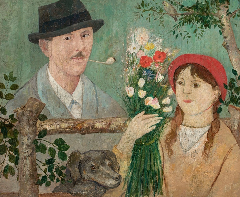 Tadeusz Makowski - Idyll beside a fence (Self-portrait, girl with flowers and dog)