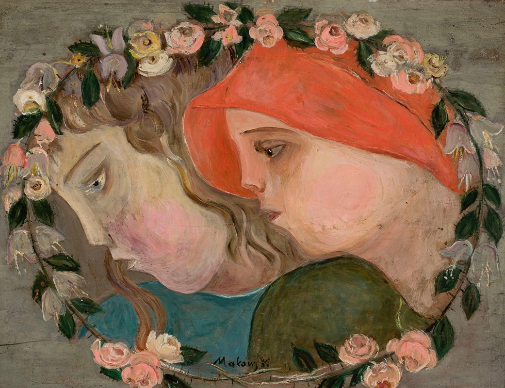 Tadeusz Makowski - Two heads of little girls in a garland of flowers