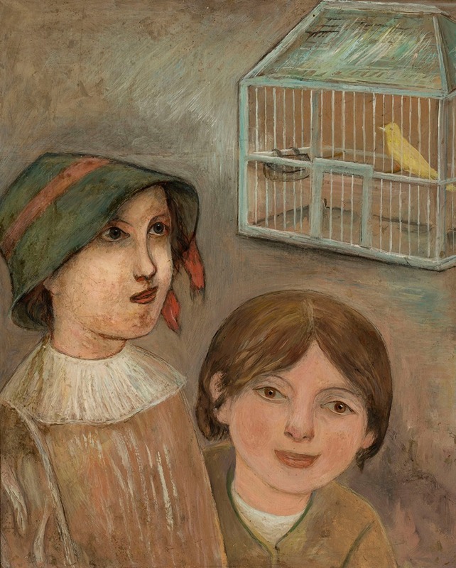 Tadeusz Makowski - Two little girls beside a cage with a canary