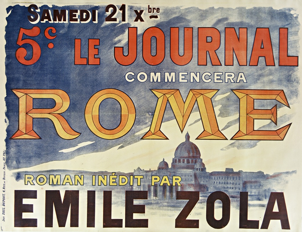 Pal - Samedi 21 Xbre [décembre] Le Journal commencera Rome, roman inédit par Emile Zola