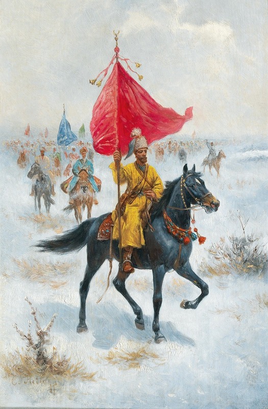 Adolf Baumgartner-Stoiloff - Cossacks on Horseback Bearing a Standard in a Winter Landscape