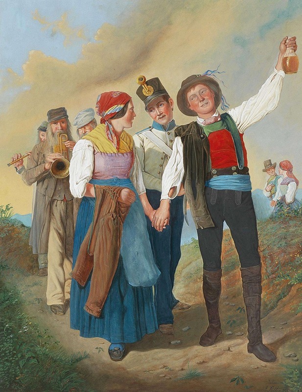 Eduard Ritter - A festive procession with peasants, brass music and soldiers