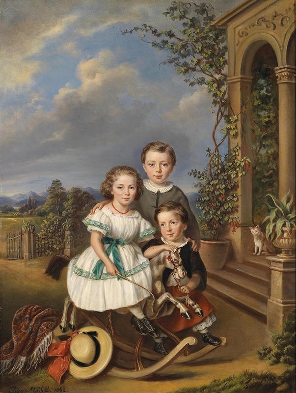 Elisabeth Modell - Porträts dreier Kinder vor einem Gartenpavillon