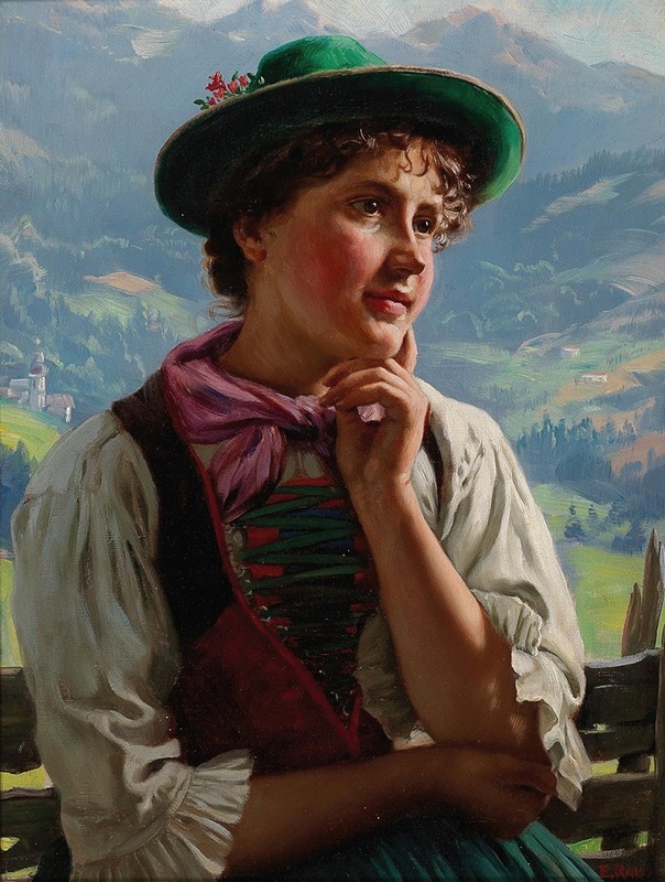 Emil Rau - Girl in Traditional Costume in an Alpine Landscape