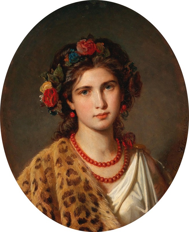 Eugen Felix - Portrait of a Girl with Wreath of Roses in her Hair and Leopard Skin