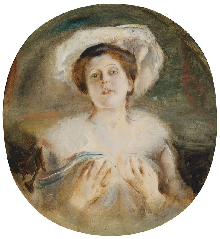 Franz von Lenbach - Bildnis einer Dame mit mit weißem Hut
