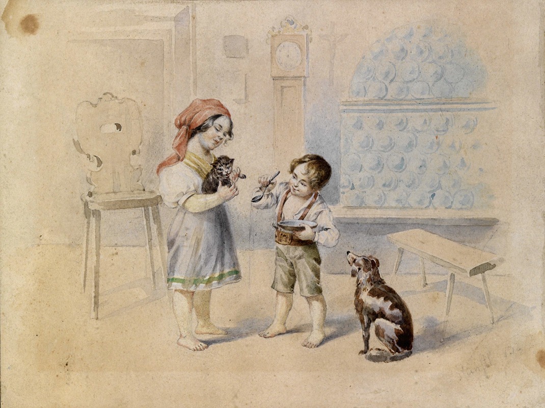 Johann Matthias Ranftl - Bauernstube mit Kachelofen und Kindern