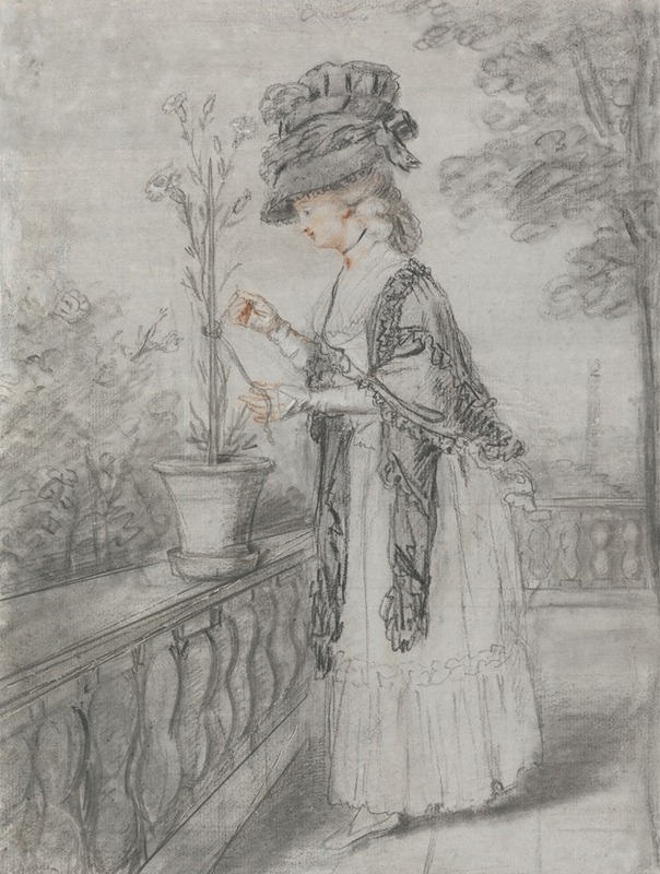John Raphael Smith - Lady on a Terrace Tending a Carnation Plant