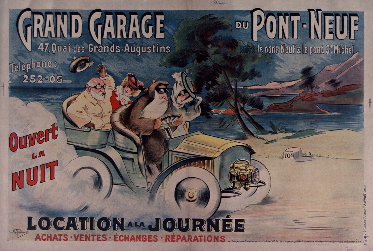 Albert Guillaume - Grand garage du Pont Neuf, 47 quai des Grands Augustins. Ouvert la nuit. Location à la journée