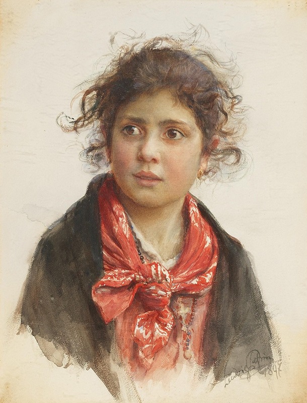 Ludwig Johann Passini - Bildnis eines scheuen Mädchens mit rotem Halstuch und zerzausten Locken