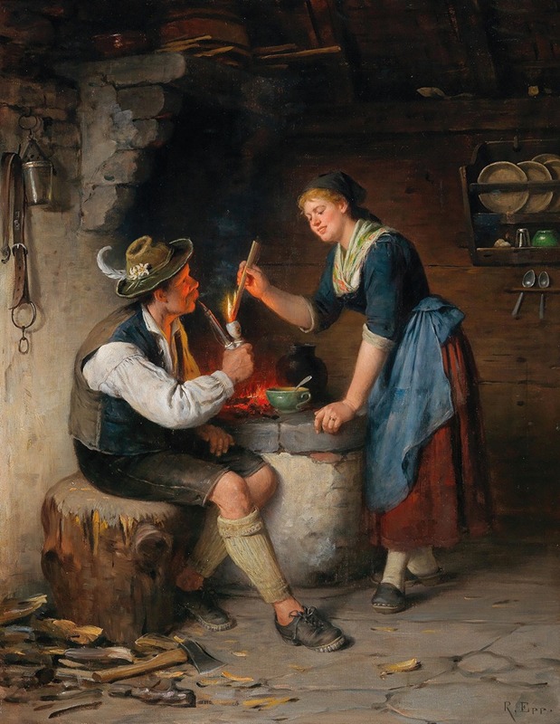 Rudolf Epp - Young Couple by the Fireplace