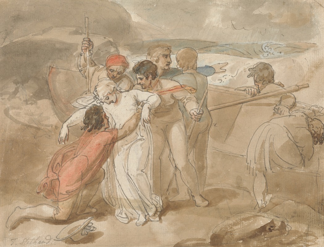 Thomas Stothard - A Woman Rescued from the Sea and Assisted Ashore, Rowing Boat and Rescuers in Background
