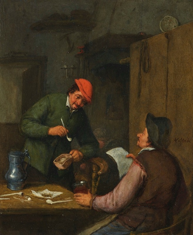 Adriaen van Ostade - Two peasants smoking, drinking and reading at an inn