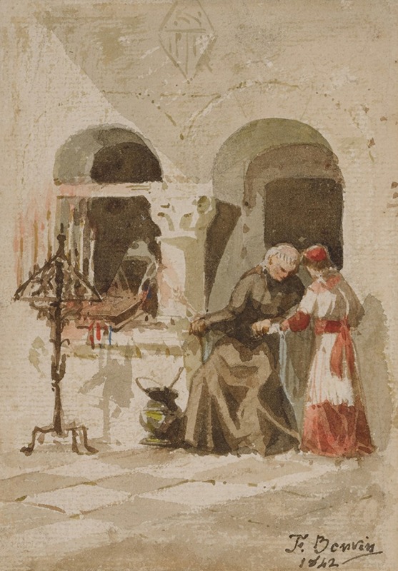 François Bonvin - A seated monk with a standing acolyte