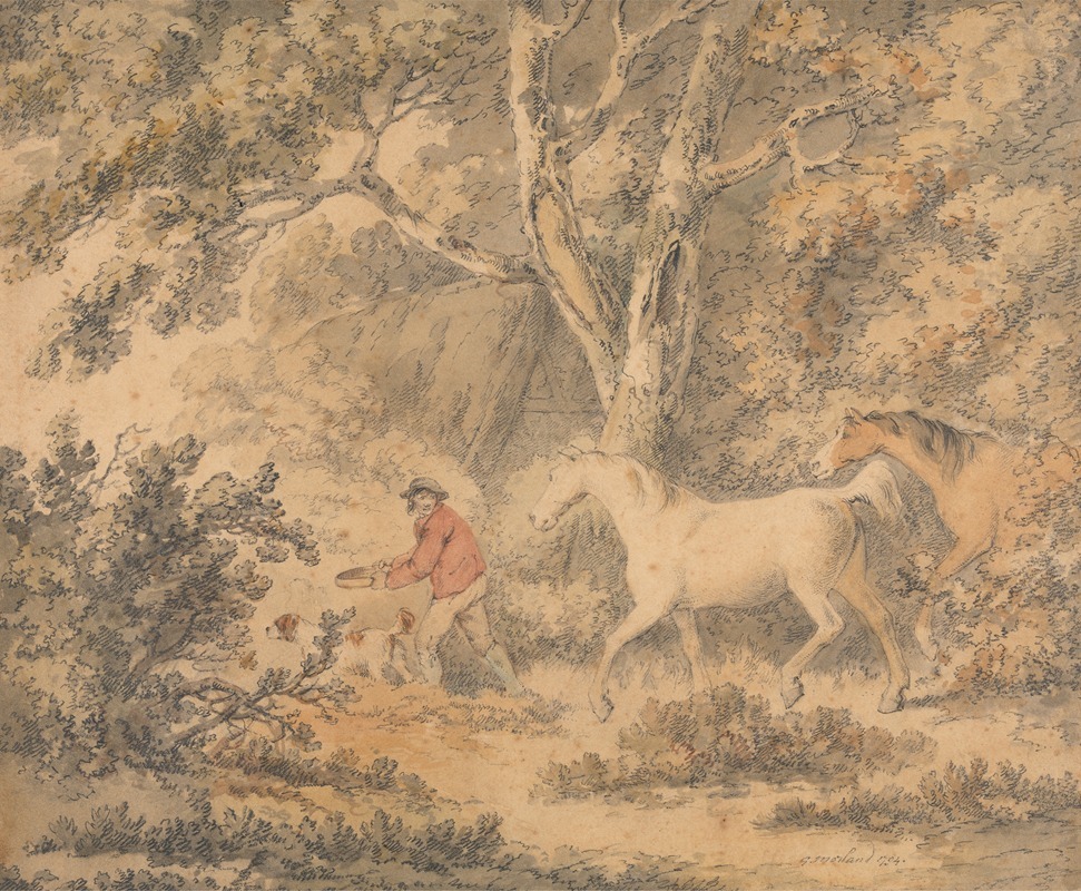 George Morland - Landscape with Horses, Farmer and Dog