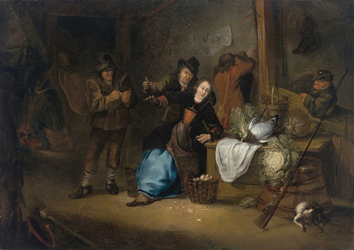 Gerrit Lundens - A rustic interior with a seated woman and other figures making merry