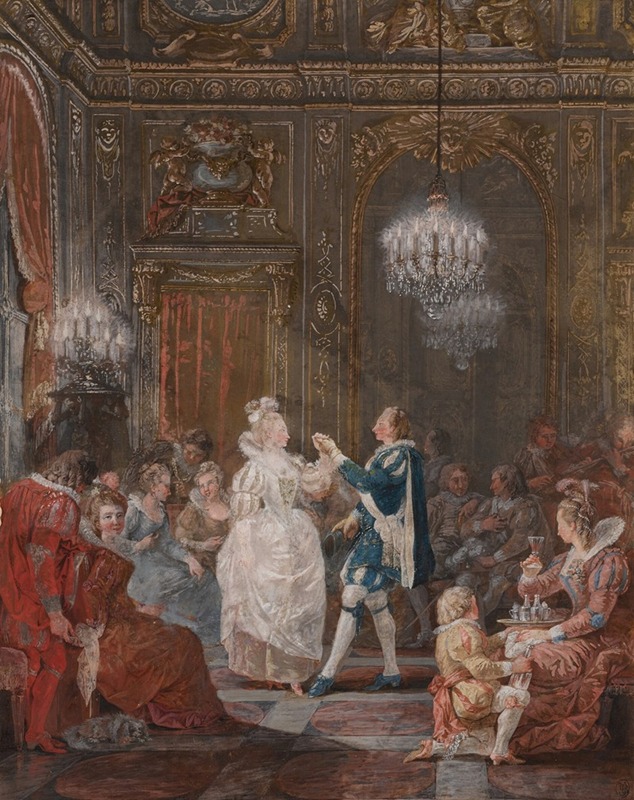 Jean Démosthène Dugourc - A party in a Louis XVI interior lit by a candelabra and a torchere, with a couple dancing the minuet