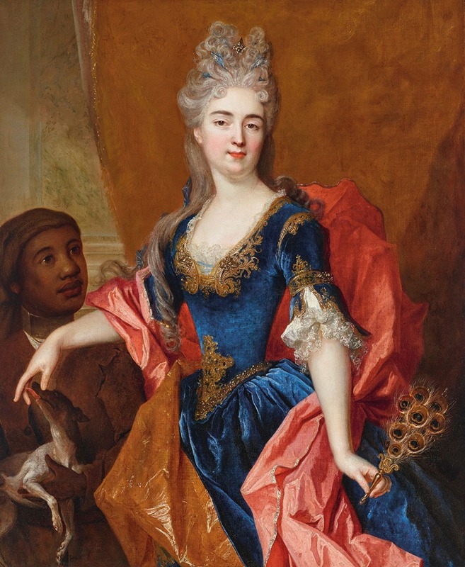 Nicolas de Largillière - Portrait of a lady, holding a peacock feather fan with her servant, holding a dog