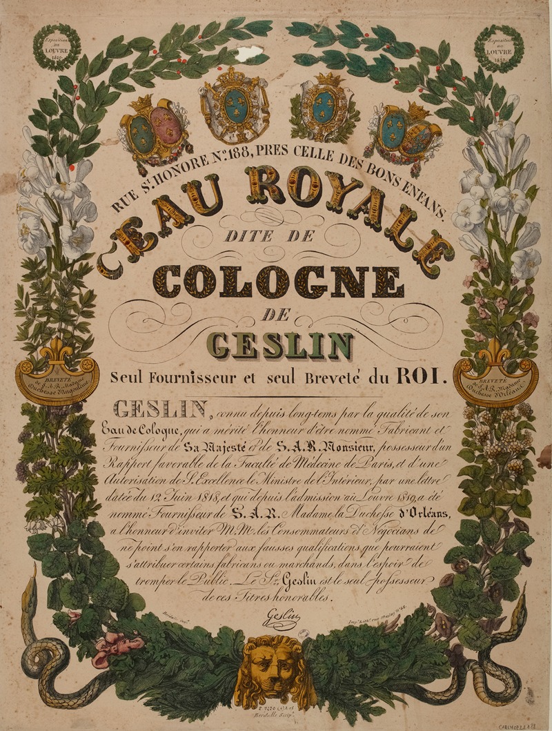 Anonymous - Eau Royale dite de Cologne de Geslin seul Fournisseur et seul Breveté du Roi