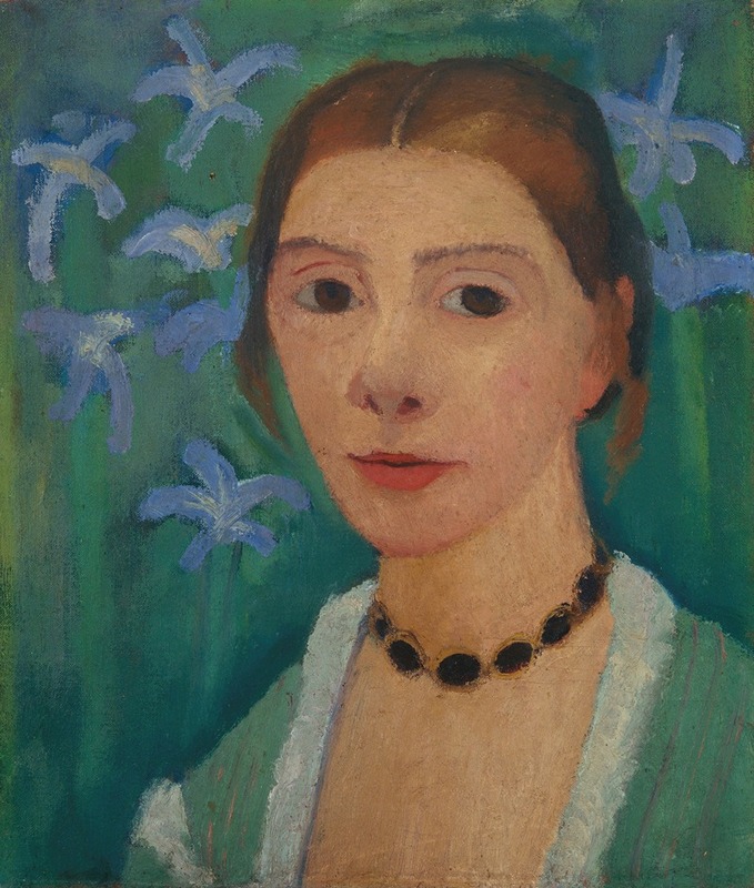 Paula Modersohn-Becker - Self-portrait in front of a green background with a blue iris